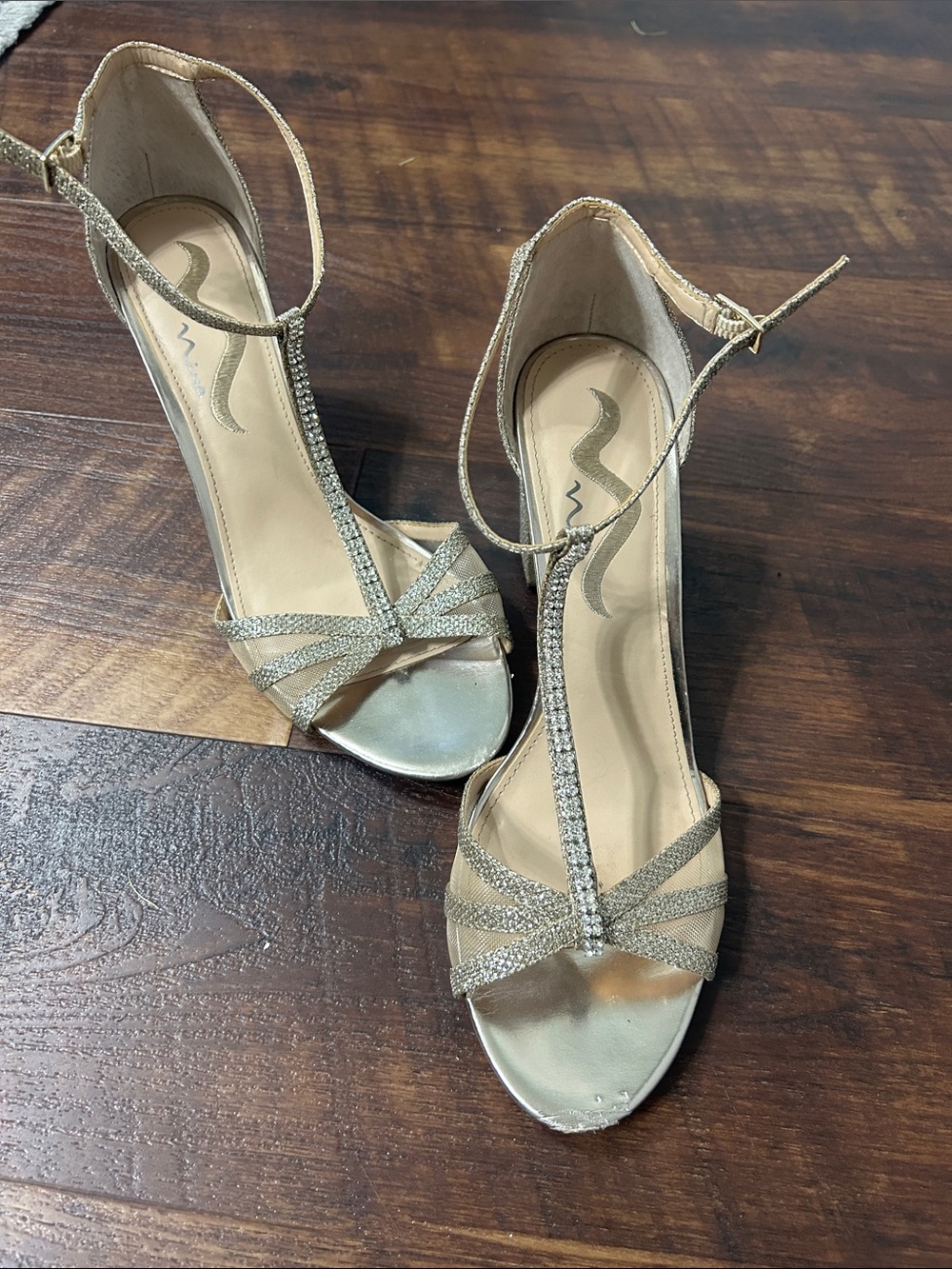 Nina Metallic Gold T‑Strap Evening Heels